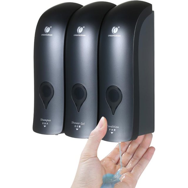 CHUANGDIAN Manueller Seifenspender, 3 Kammern x 300 ml/ 10,2 Unzen, wandmontierte Flüssig-Shampoo-Box, Dusche grau