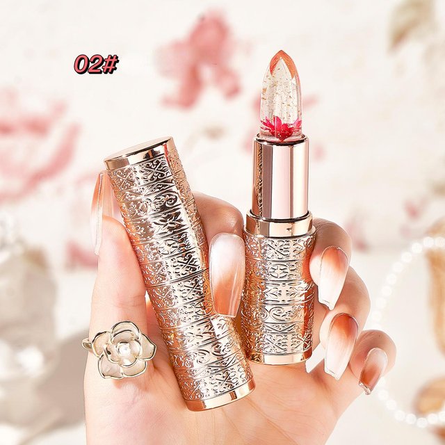 Lippenbalsam, Kristallgelee-Blumen-Lippenbalsam mit Temperaturwechsel, Lippenstift-Glanz, transparent, langanhaltend, spendet Feuchtigkeit für die Lippen, Make-up, Kosmetik 02# beige