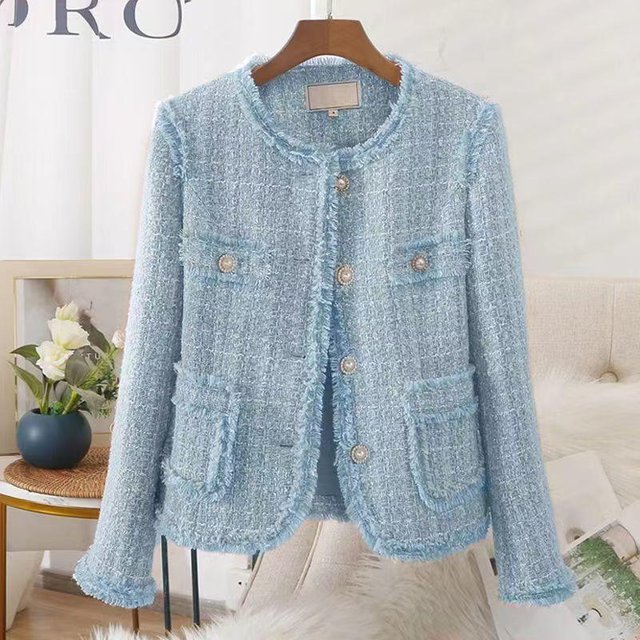 Nouvelle veste polyvalente courte parfumée à pompon bleu pour femme, haut de petit tempérament de style étranger pour printemps et automne L bleu