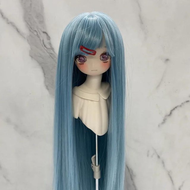 Neue Perücke für 13 & 14 & 16 BJD Puppen mit Pony Lange Gerade Perücke Mädchen DIY Make-up Zubehör For Head 16-18cm blau