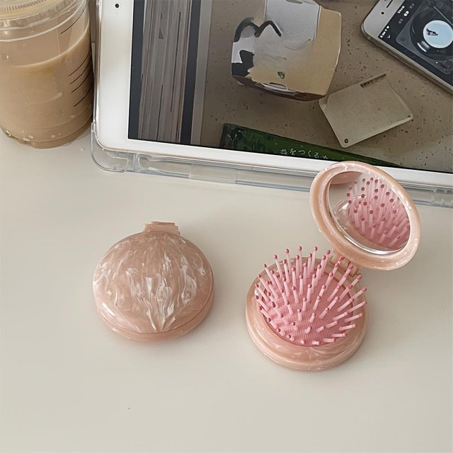 Tragbare Mini-Airbag-Kämme mit Spiegeln Reisehaarbürste Make-up-Kamm Haarkämme Faltbare Massagehaarbürste Runde Stylingwerkzeuge rosa