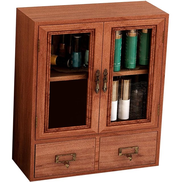 Meuble de rangement de bureau en bois avec double porte et tiroirs Grain apparent Boîte à bijoux rétro en bois pour tasses à parfum black