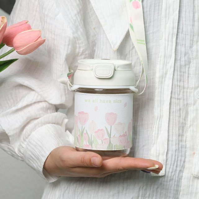 Frühlings-Tulpen-Parfumbecher Net-Promi Hochwertiger Messenger-Becher mit Glasbecher mit Strohhalm-Becher 400ml leather case white