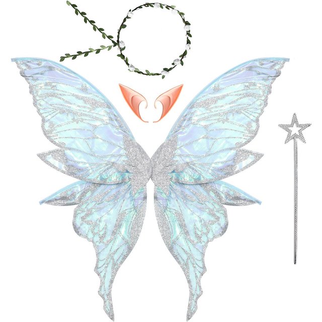 1 Ensemble Ailes de Papillon Décorées en Matière Scintillante pour Adultes Enfants Oreilles d'Elfe Réalistes Bâton de Fée Étoile Guirlande Accessoire de Costume Ensemble Cosplay pour Mascarade One Size argenté