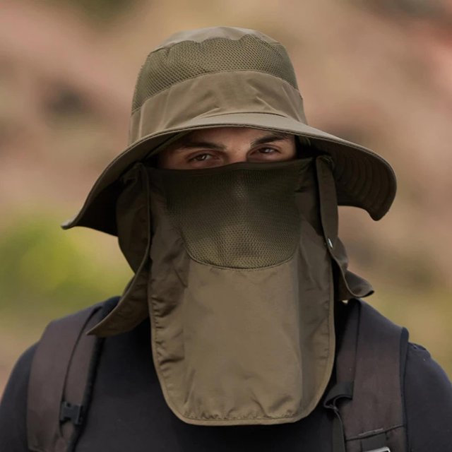 Chapeau de pêche UV pour hommes et femmes Outdoor Soleil Imperméable à large bord avec protection faciale et cache-nuque Pliable pour la moto