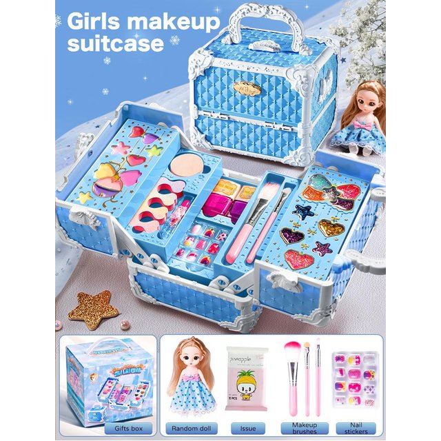 Kinderschminkspielzeug Ungiftiges Simulationskosmetik-Koffer Nagellack Lippenstift Schönheitsmode-Set Für 3-jährige Mädchen Geschenke Kinder blue