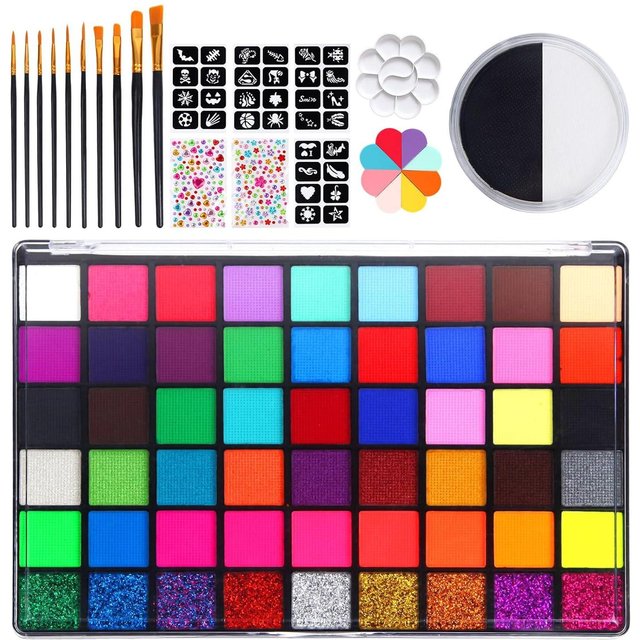 54 Farben Professionelles Gesichts- und Körpermalfarben-Set Wasserbasiert Ungiftig Make-up-Palette mit Pinseln und Schablonen für Kinder Erwachsene Party Halloween Cosplay 54 colors