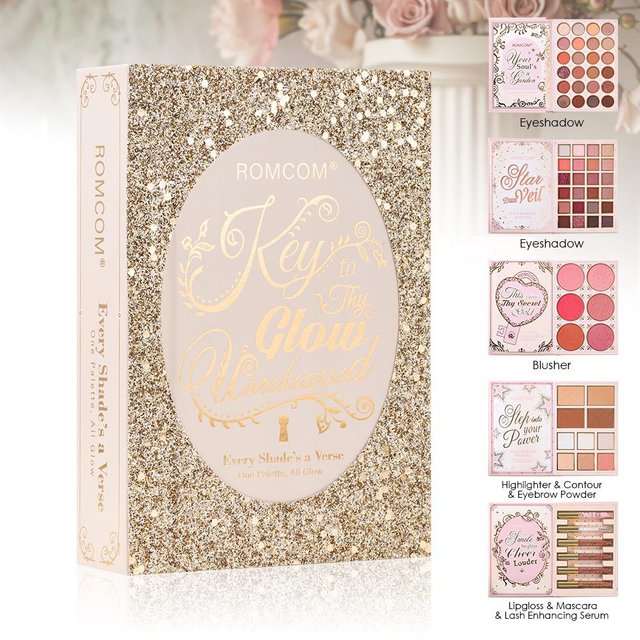 ROMCOM All-in-One Buch Make-up Set - Mega Vollständige Make-up Palette mit Lidschatten Rouge Highlighter Kontur Augenbrauenpuder Lipgloss Mascara & Wimpernserum beige