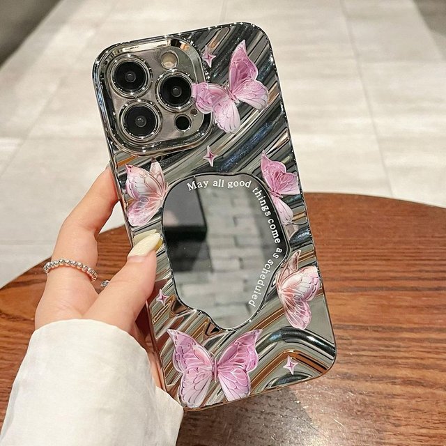 Niedlicher Schmetterling Make-up Spiegel Wellenförmige Handyhülle Für iPhone 16 15 14 13 12 11 Pro Max XS X XR 8 7 SE Galvanisiert Stoßfeste Bumper Abdeckung For iPhone 13&Silicon gray