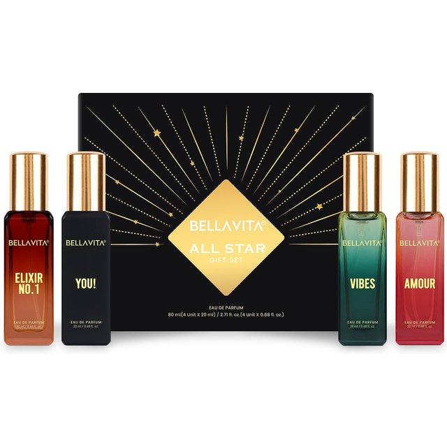 BELLAVITA All Star Parfüm Geschenkset für Herren 4x20ml | Langanhaltende holzig-fruchtig-frische Düfte | Premium EDP Duftset für den täglichen Gebrauch und den Abend