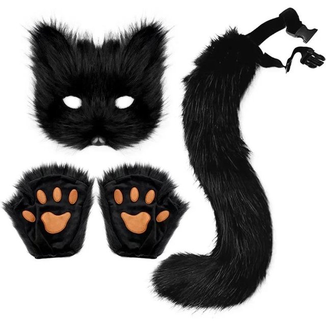 Queue de renard en fourrure duveteuse, gants pattes de chat et masque facial, costume Cosplay, ensemble masque de loup thérion, accessoires de fête d'Halloween One Size black