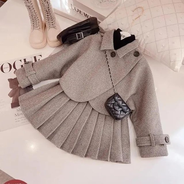 Veste de costume pour fille, ensemble deux pièces de vêtements pour enfants mondains, style universitaire, style petit parfum, robe pour fille d'automne et d'hiver 100cm kaki