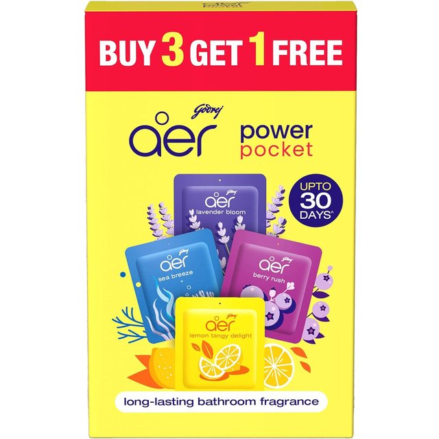 Godrej Aer Power Pocket Désodorisant pour Salle de Bain 10G Pack de 4 1 Pièce Parfum de Toilette Longue Durée yellow