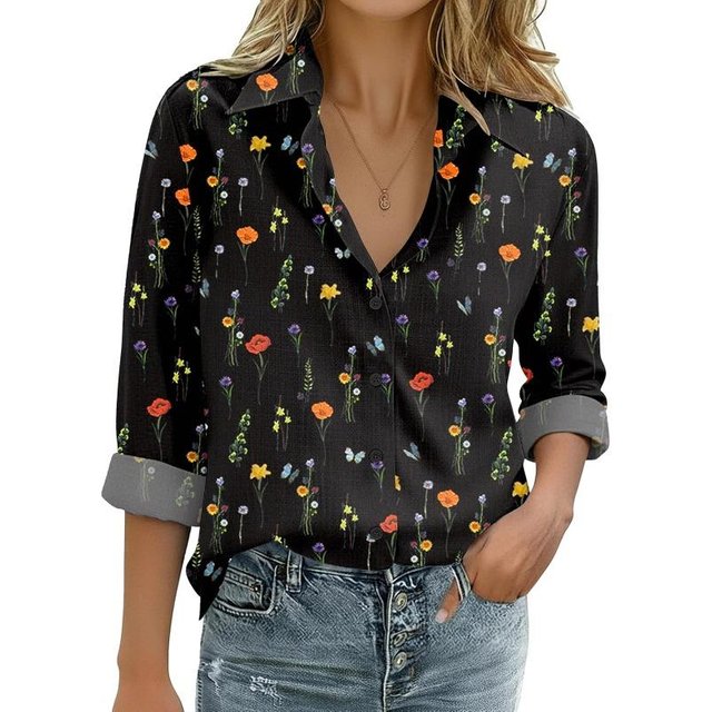2026 Neuer Blush Damen Sommer Beliebt Einfach Langarm Revershemd Mit Pflanzenmotiv Hemd Street Commuting Oberbekleidung Schneller Versand XL black