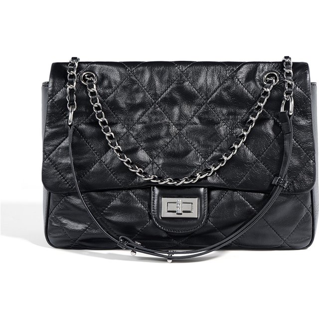Borsa a mano di fascia alta in pelle di primo strato da donna, borsa a catena a rombi piccola profumo Ins, semplice borsa da viaggio di grande capacità black