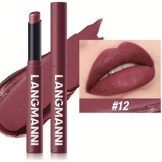 Matte Lippenstift-Stifte. Hochpigmentierter, langanhaltender, feuchtigkeitsspendender Lippenstift. Natürliches, feuchtigkeitsspendendes Finish. Erhältlich in den Farbtönen Beerenkorallenrosa und Rot. 12