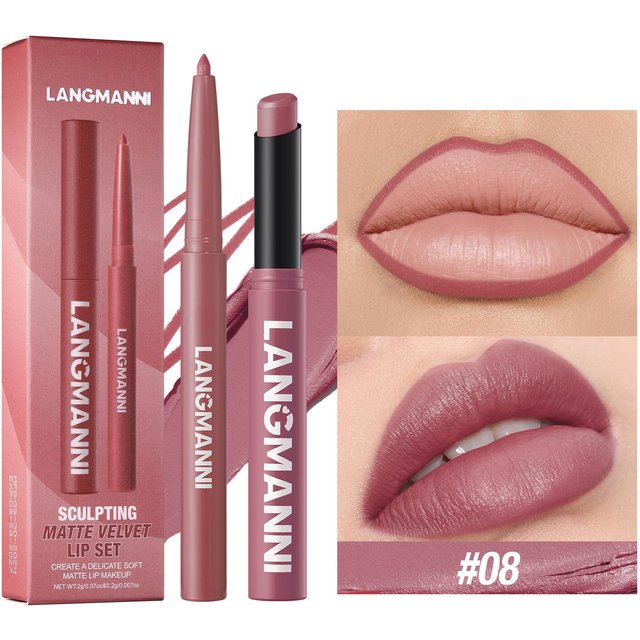 2 Stück/Set Lipliner & Lippenstift Set, Mattes Finish und Feuchtigkeitsspendend, Weiches und Seidiges Gefühl, Für Volle Lippen, Wasserdichte Formel. 08