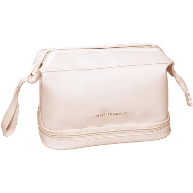 Doppelschichtige Make-up-Tasche für Damen, Haupttasche mit großem Fassungsvermögen, untere Make-up-Pinsel-Aufbewahrungstasche mit Innentasche beige