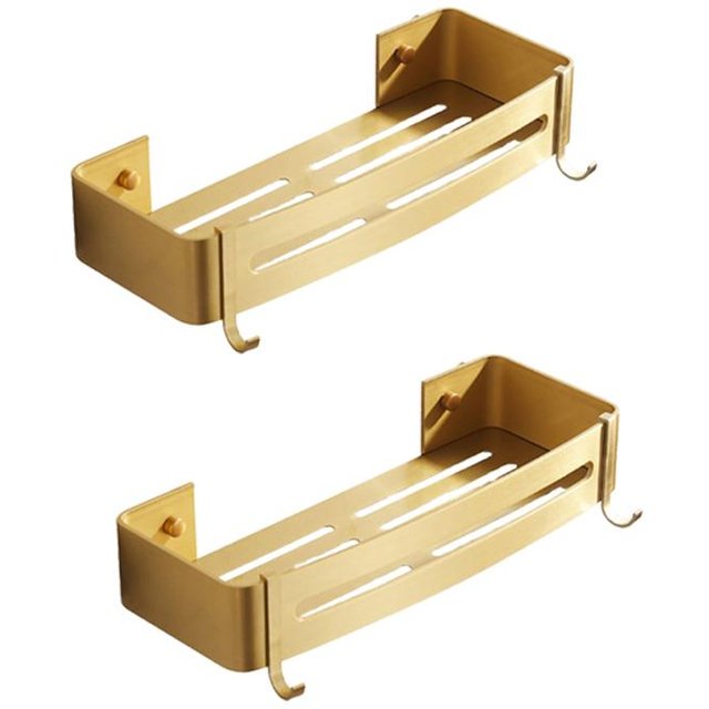 Badezimmerregal aus Aluminium mit Haken, rechteckig, für Küche, Badezimmer, Duschgel, Seife, Shampoo, gebürstetes Gold, Aufbewahrungsorganisator brown