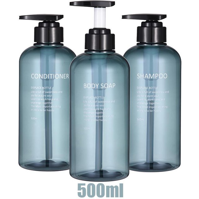 Ensemble de distributeur de shampooing et de gel douche rechargeable avec lettres imprimées, distributeur de savon de salle de bain, pompe de douche, distributeur de shampooing 500 ml bleu