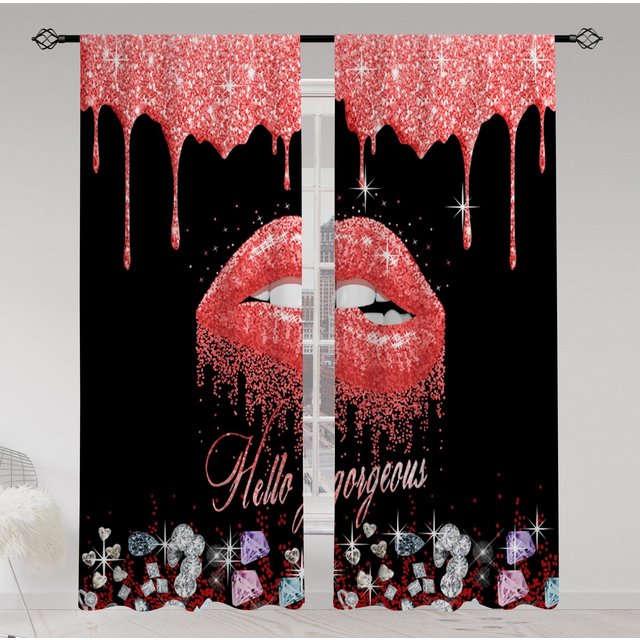 2 Stück Vorhänge für Schönheitssalons Einfache rote Lippen Make-up Pinsel Ösenband Stoffvorhänge Deko für Wohnzimmer Büro Heimdeko 2x50Wx50H(CM)&Grommet Top red