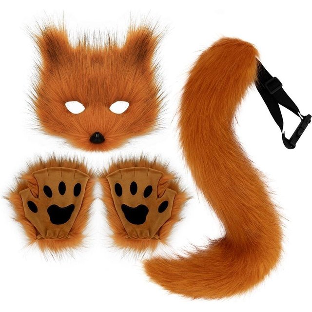 Masque Renard Simulation Nouveauté Gants Masque Animal Oreilles Mascarade Déguisement Fursuit Costume Femmes