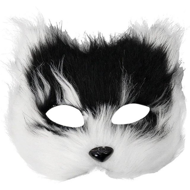 Masque Chat Peluche Réaliste Masques Peluche Animale Halloween Cadeau Enfants Masque de Mascarade Accessoires Cosplay noir/blanc