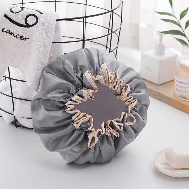 Bonnet de bain imperméable double couche épaissi pour femmes, bonnet de shampooing anti-huile, bonnet de bain et bonnet de douche grise