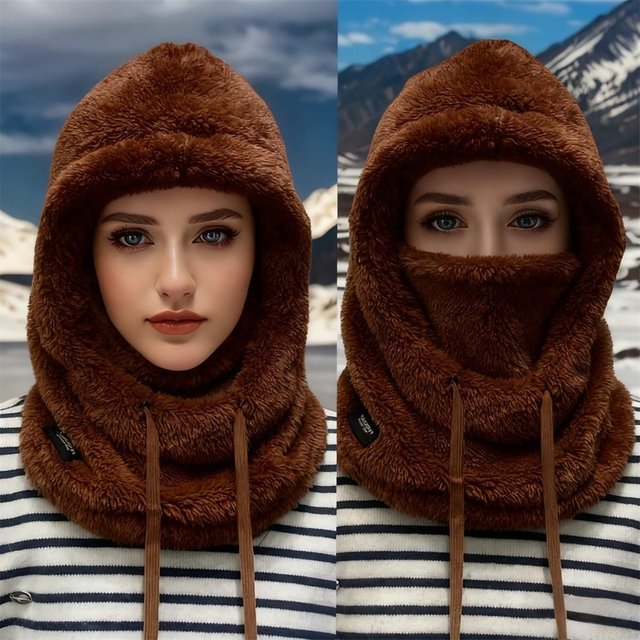 Balaclava à Capuche en Peluche Polaire 3 en 1, Masque Facial Coupe-Vent Thermique pour Cou, Vêtement d'Extérieur d'Hiver Streetwear brown