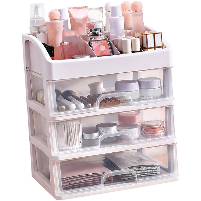 3-stufige Schubladen-Kosmetikaufbewahrungsbox Transparenter Kunststoff Make-up-Organizer Geräumige Aufbewahrung Multifunktionale Kosmetik white