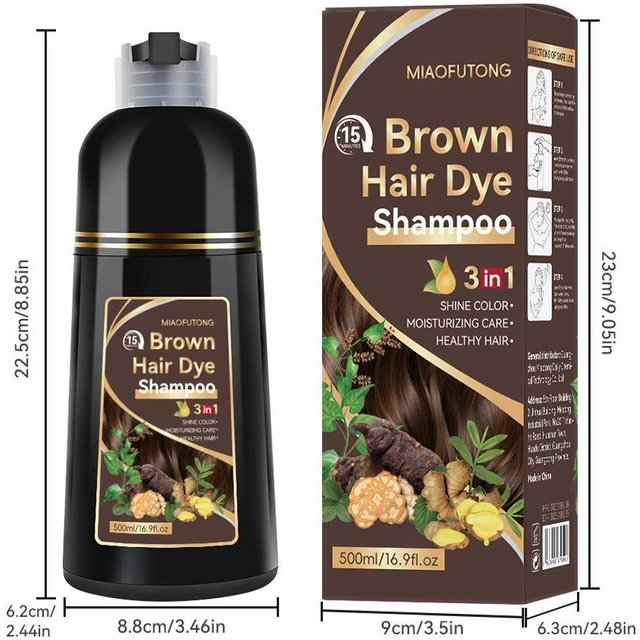 Braunes Haarfarbe Shampoo 3 in 1, Feuchtigkeit spendend, Pflegend, Natürliche Ingwer-Formel 500ml braun