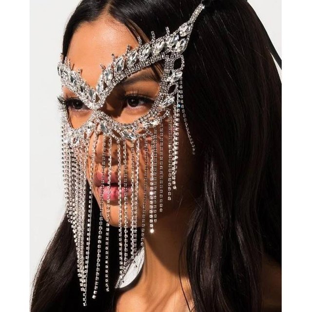 Masque de voile à pompon indien pour le visage des femmes, masques faciaux en strass, mascarade, fête dansante, banquet, décoration, accessoires pour le visage, bijoux