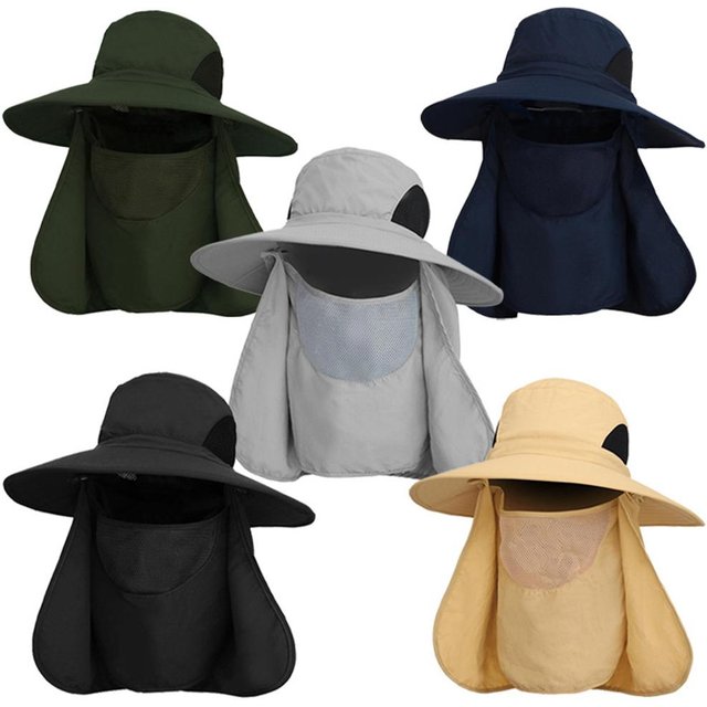 Chapeau de soleil anti-UV d'extérieur Chapeau de pêche avec protection faciale et protège-nuque pour hommes et femmes Randonnée Escalade Jardinage vert d’armée