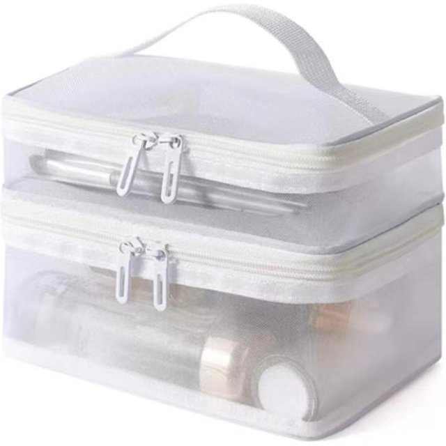 Doppellagige Netz-Make-up-Tasche, Waschtasche, Tragbare Damen-Aufbewahrungstasche mit neuer großer Kapazität, Kosmetikaufbewahrungstasche weiß