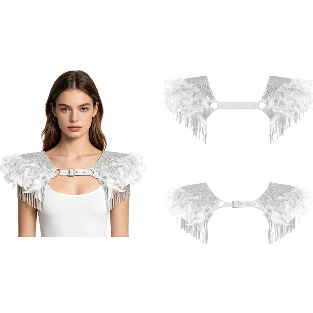 Unisexe S-3XL Boléro Harnais Gothique Épaulette à Sequins Franges Détails en Plumes pour Fête Médiévale Mascarade L argenté