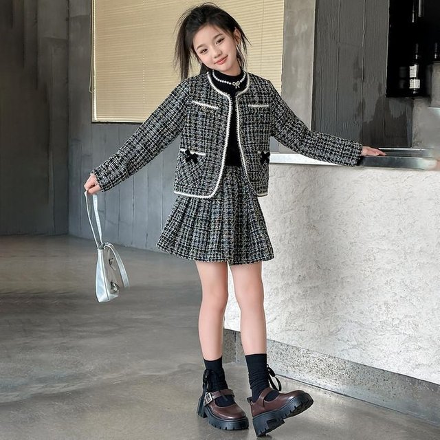 Costume Petit Parfum pour Filles, Veste à Carreaux Style Occidental Printemps, Jupe Plissée, Costume Deux Pièces, Princesse pour Grands Enfants 120 noir