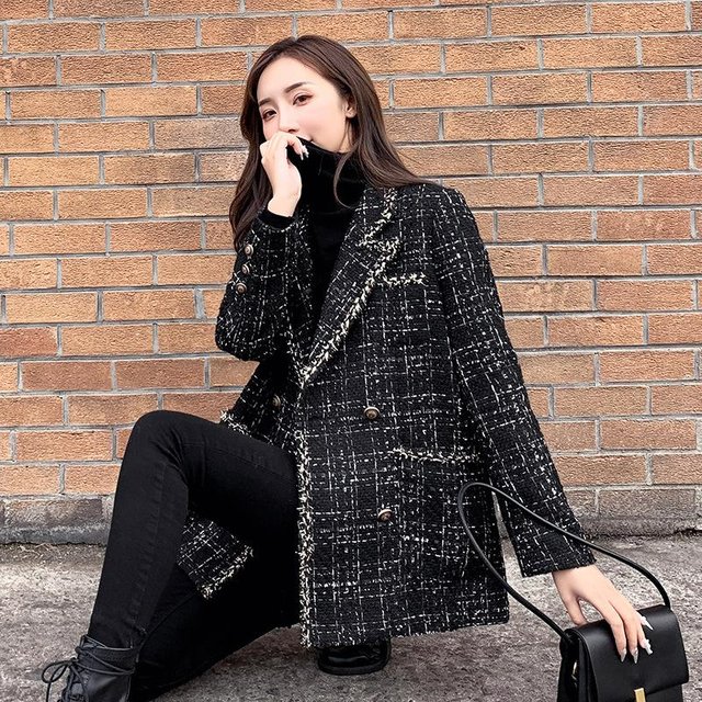 Automne et Hiver Dernière Veste en Laine à Carreaux Coupe Ample pour Femme Tweed Petit Parfumé Assemblage Célébrité Petit Costume Haute Qualité Pratique Usage Quotidien M gray