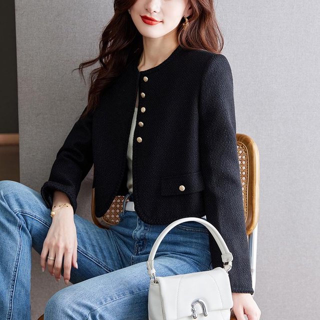 Veste Courte Classique Blanche Parfum Petit pour Femme Automne Nouveau Col Rond Français Simple Boutonnage Manches Longues 2XL black