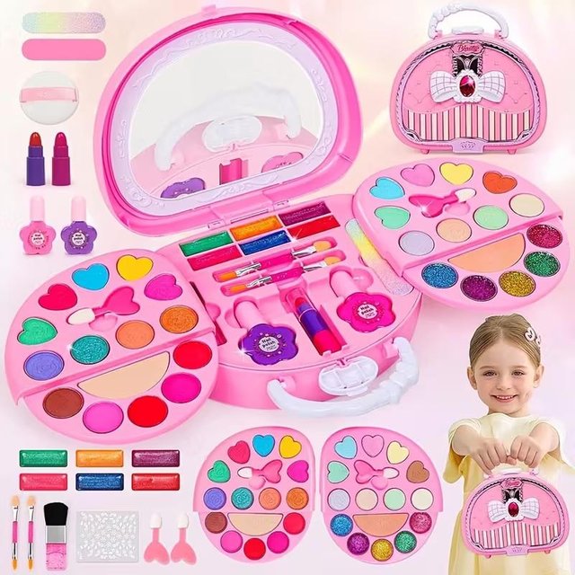 1 Set buntes Mädchen-Verkleidungs-Make-up-Spielzeug-Set - Rosa und Weißer Kunststoff-Make-up-Koffer mit Spiegel, Pinseln und Zubehör. United States pink