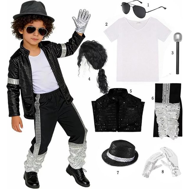 Costume de Performance Rétro Pop Star pour Garçons Noir Argenté Pailleté Ensemble Complet Costume Halloween Mascarade Fête Hip Hop pour Enfants S (110) black