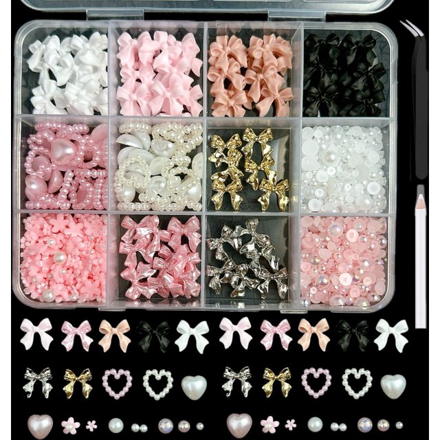 12-Fächer-Box Gemischte Harz-Simulation Perlen Schleife, Herz, Mini-Blumendekor Für DIY-Nagelkunst-Zubehör, Nagellackzubehör Nagelpiercings white