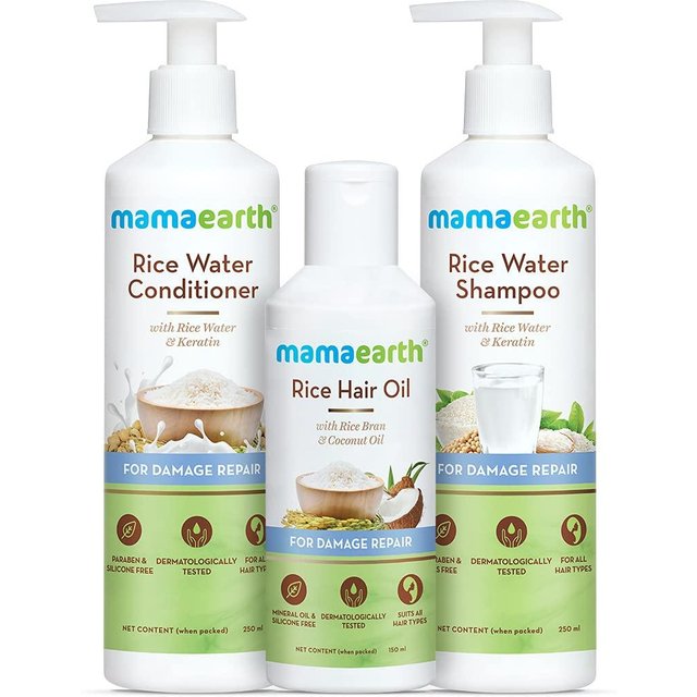 Mamaearth Huile Capillaire de Riz 150ml + Shampooing 250ml + Après-shampooing 250ml | Renforce les Racines & Répare les Dommages | Set de Soins Capillaires Sans Sulfate white