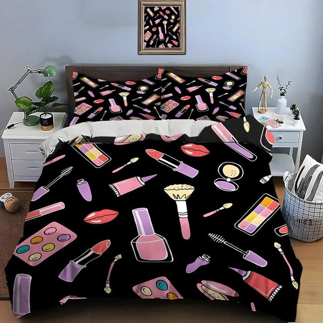 Modisches Make-Up-Print Bettwäsche-Set Bettbezug 1 Bettbezug 1/2 Kissenbezüge Bettwäsche-Set für Erwachsene und Kinder Luxuriöse Geschenke für Mädchen 100x135cm 3pcs