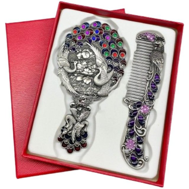 Tragbares Pfauen-Make-up-Spiegel-Kamm-Set Vintage Luxus Kosmetikspiegel Metallgriff mit Prägung Schminkspiegel Geburtstagsgeschenk