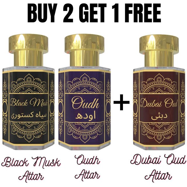 Attar Musc Noir et Attar Oudh avec Attar Oudh de Dubaï Offert – Combinaison de Parfums Musqués Profonds et Boisés Riches | Parfums Unisexes Sans Alcool Pack - 6 ml beige
