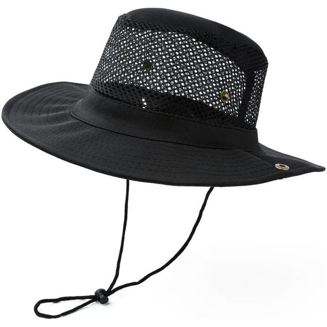 Casquette de pêcheur à large bord en maille respirante pour l'été, chapeau de soleil pour la pêche en plein air, l'alpinisme, visières de protection UV pour hommes et femmes, bonnet pare-soleil, chapeau seau Sunscreen noir
