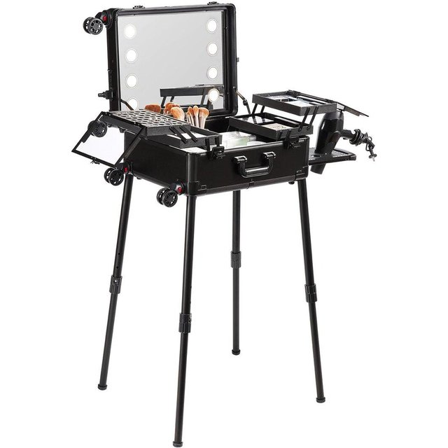 Make-up Koffer mit Schloss, beleuchtetem Spiegel, 4 Ablagefächern, Pinselhalter, Lautsprecher, Reise Kosmetik Organizer Box mit Schwenkrädern, Professionell