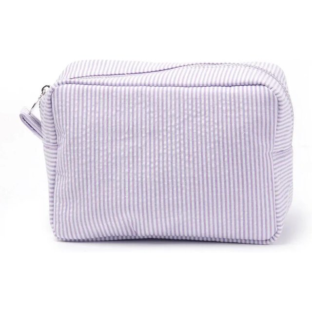 Seersucker Rüschen Kosmetiktaschen Rosa/Lila Gestreift Aufbewahrung Make-up Taschen für Damen Dame mit Reißverschluss Reisetasche Make-up Tasche violett