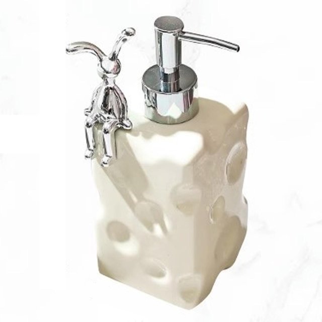 Bouteille Distributrice de Shampooing Céramique Grande Capacité Décoration Maison avec Pompe pour Salle de Bain Grand Argent blanc