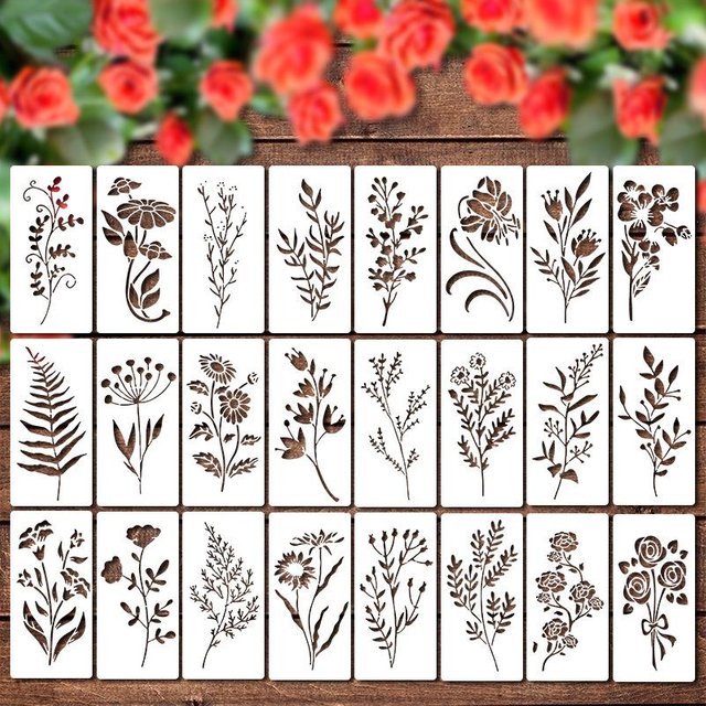 24-teiliges Wildblumen-Schablonenset, professionelle Körperkunst-Malschablonen, wiederverwendbar, für Erwachsene und Kinder, Vorlagen für Partys, Make-up-Tools 24pcs black